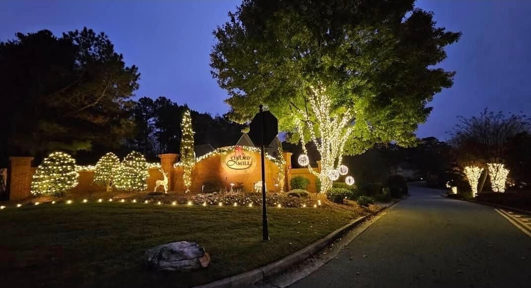 Neighborhood entrance lit with tree wraps and hanging light spheres